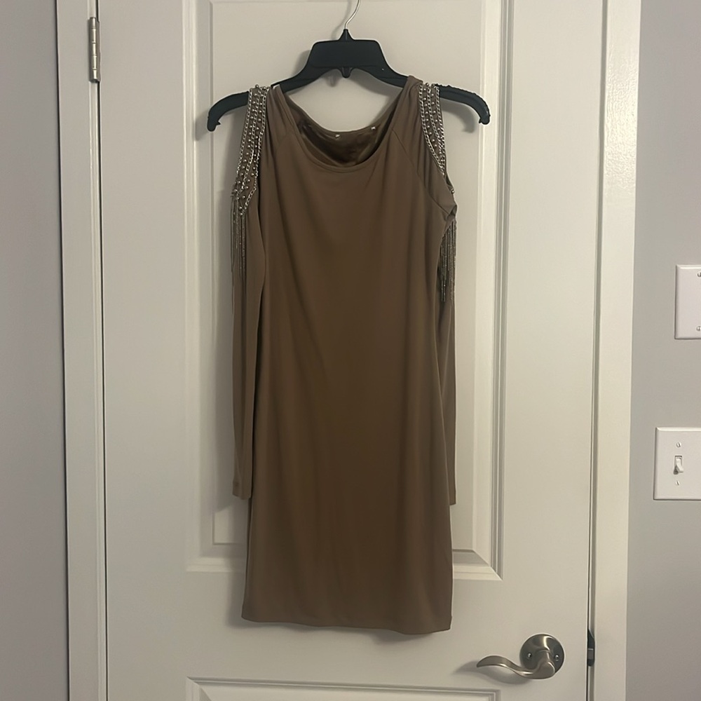 Tan Long Sleeved Beaded Cold Shoulder Dress, Size XS